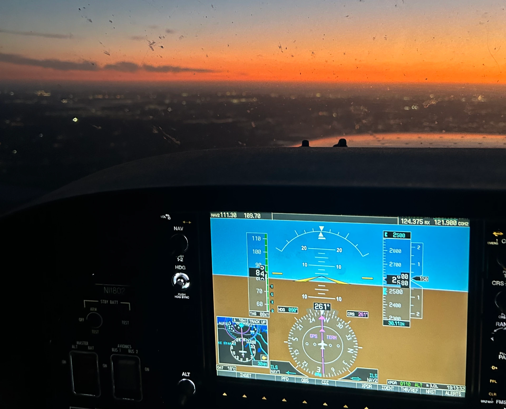 Illuminated aircraft instrument panel during a night flight