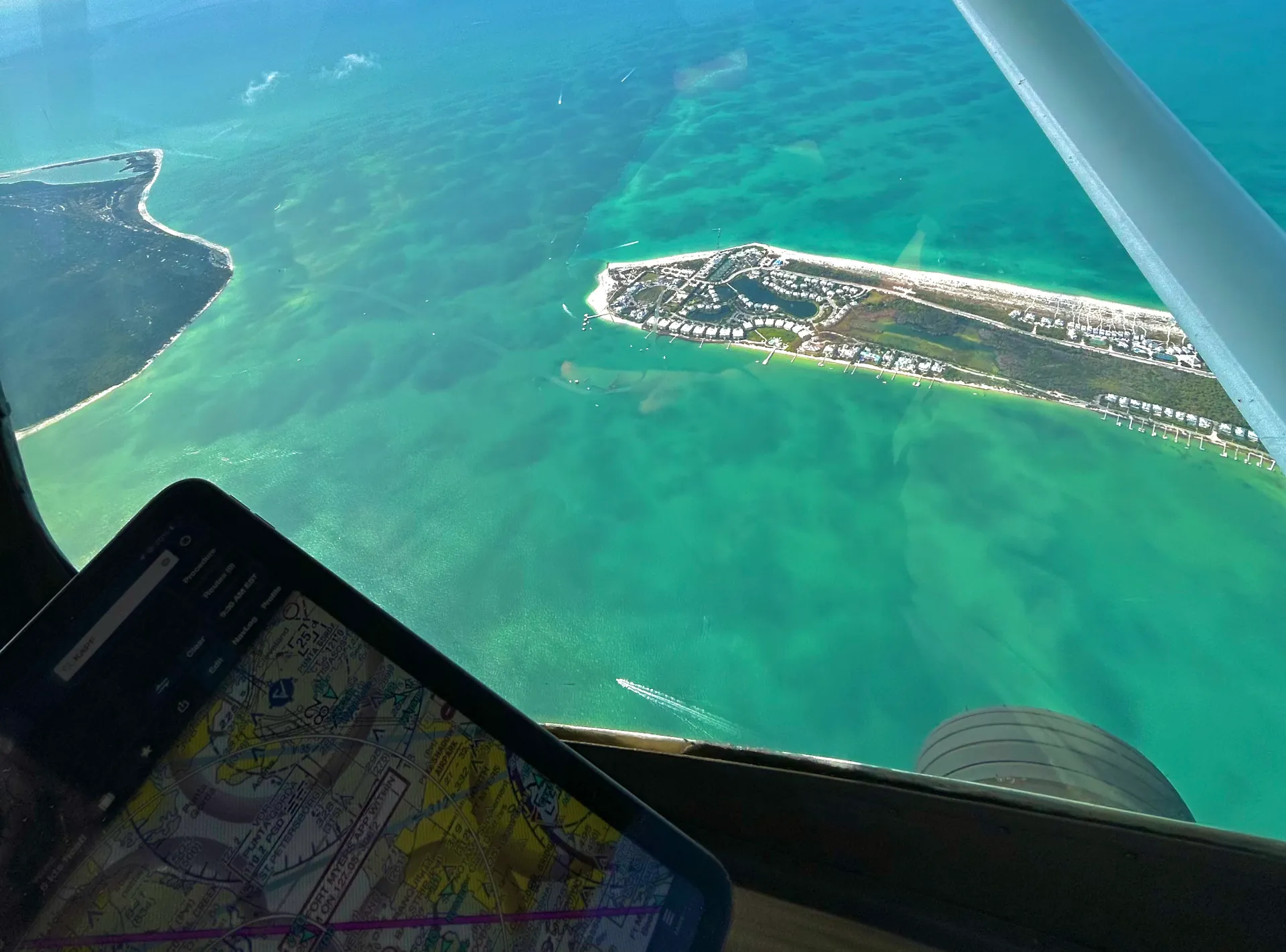 View of the Gulf of Mexico from the cockpit of a Universal Flight Training airplane near Sarasota