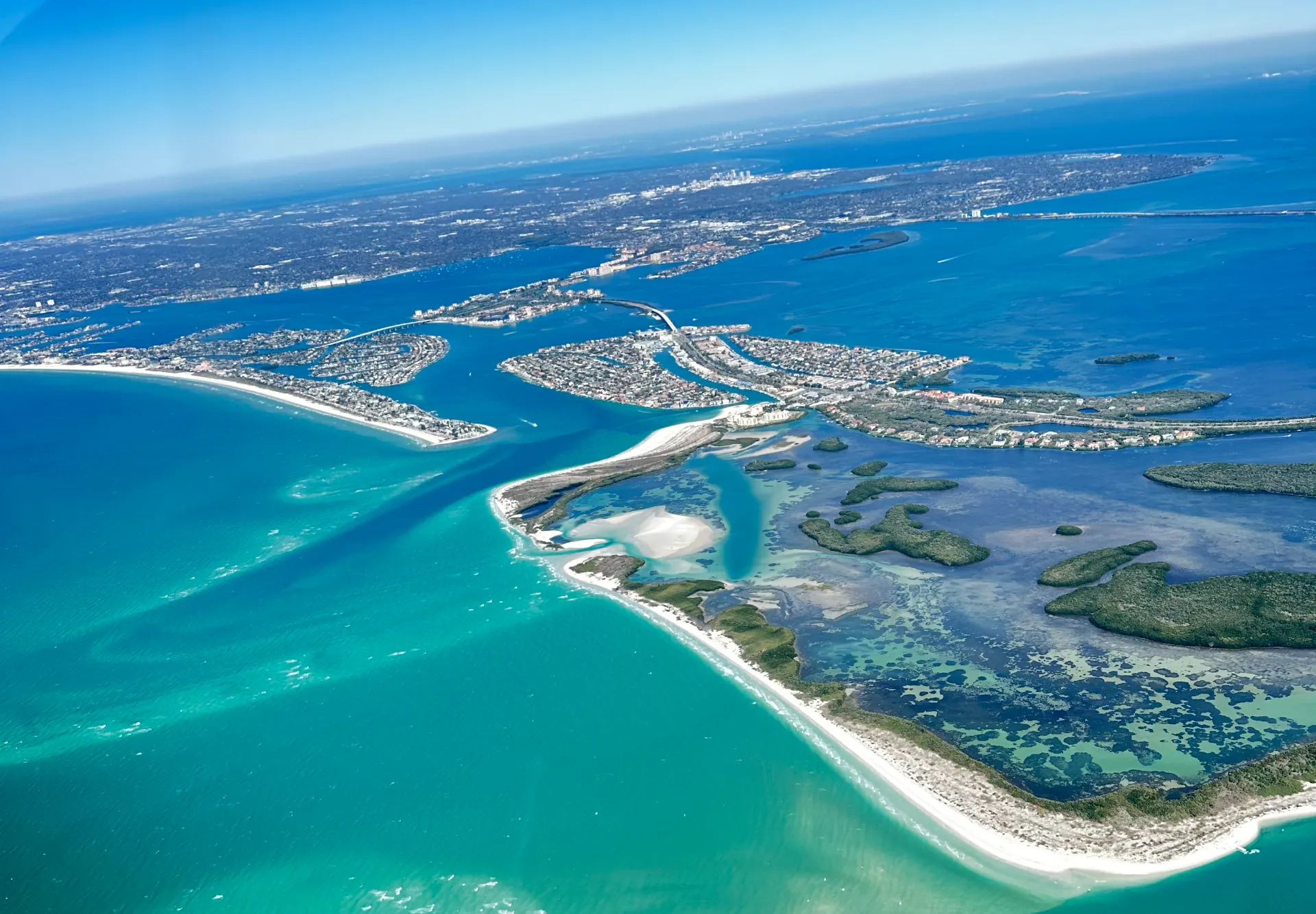Aerial view of Gulf Coast shoreline and land near Sarasota, Florida, seen from a small airplane